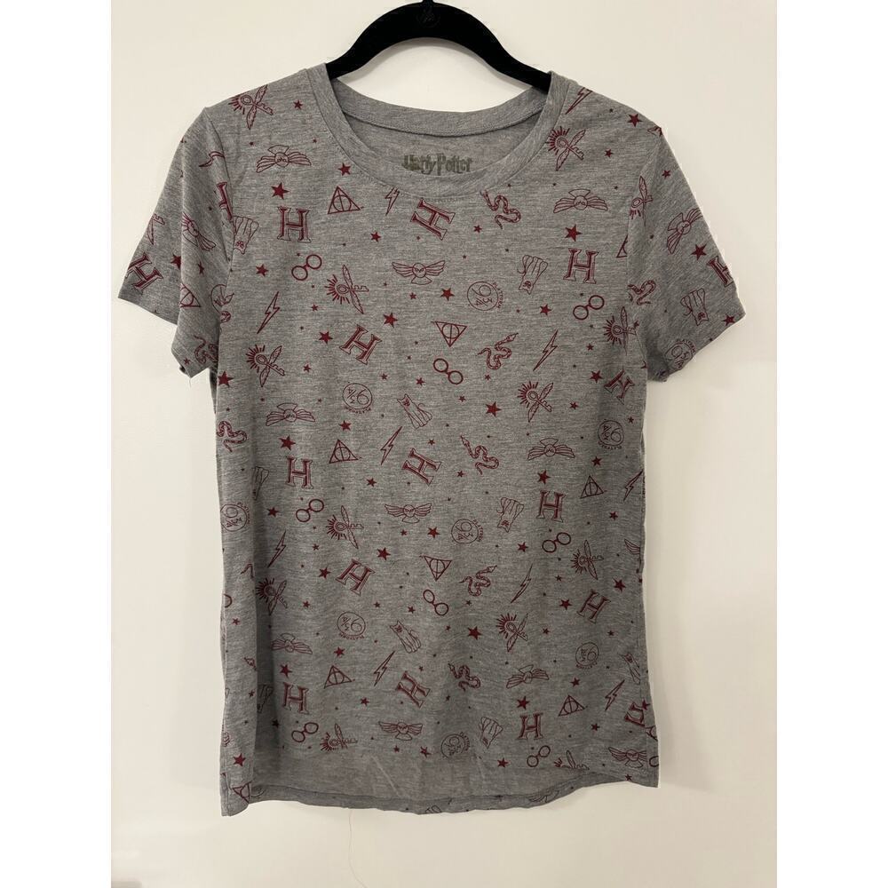 Harry Potter Gray Medium Short Sleeve Tee Iconic Symbols Gryffindor Slytherin